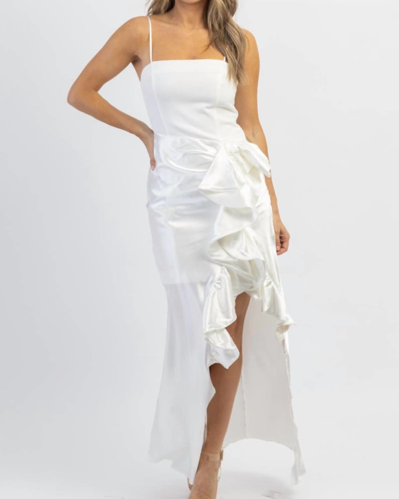 Front of a model wearing a size L Siobhan Side Ruffle Dress In White in White by MABLE. | dia_product_style_image_id:355461
